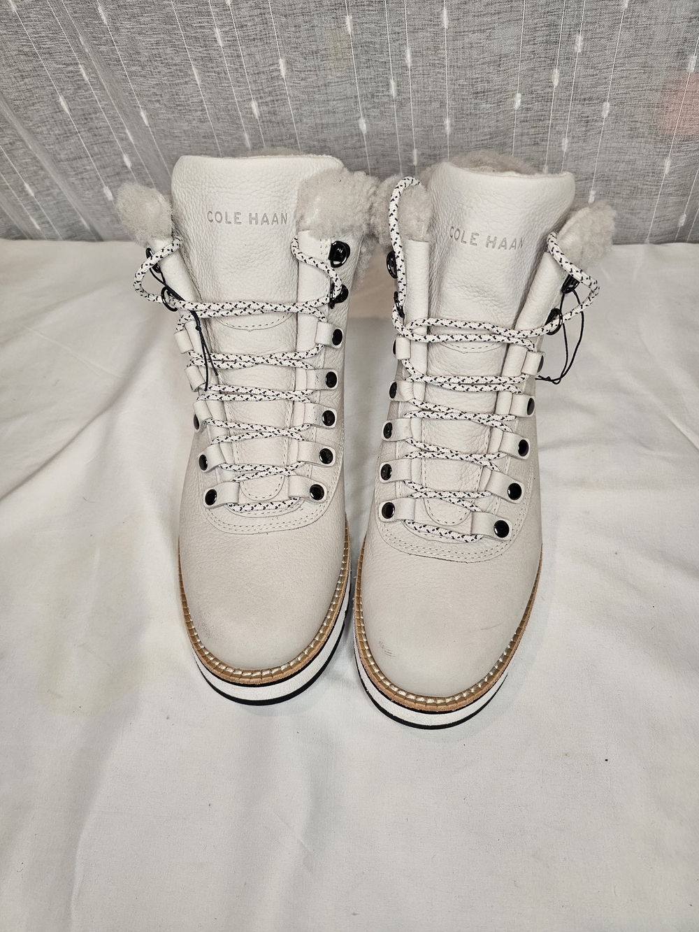 Cole Haan White Lace-Up Faux Fur Trim Women's Boots